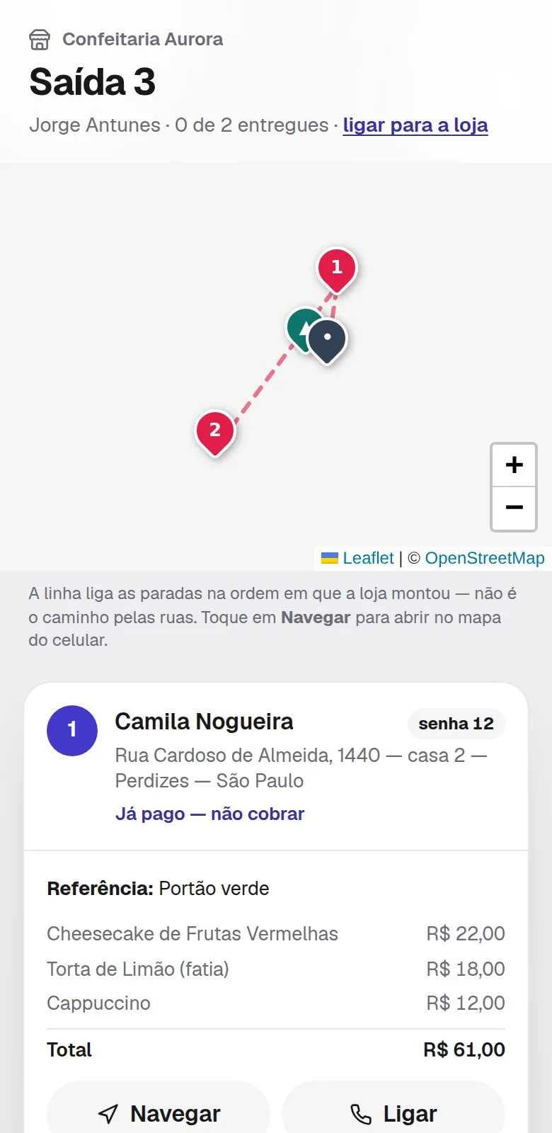 O celular do entregador: o mapa com as paradas na ordem, o endereço e a senha de cada entrega